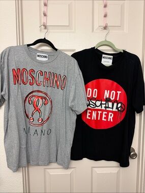 Moschino Gray & Black Graphic Logo Tees with Red Accents